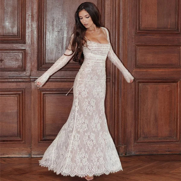 🔥LAST DAY 50% OFF🎁 Shawl Drawstring Lace Maxi Dress  👗